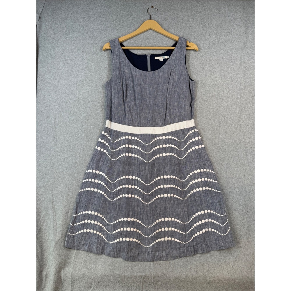 Boden 10R Linen Dress Nautical Chambray Embroidered Fit Flare WH667